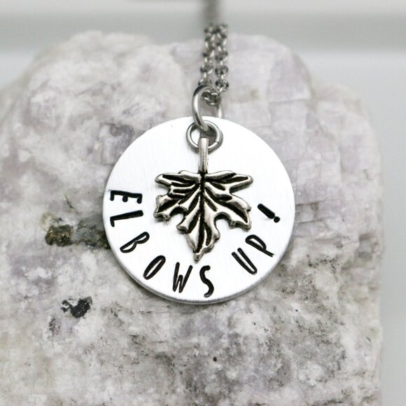 Elbows Up! Maple Leaf Hand Stamped Pendant Necklace - Handmade & Hypoallergenic - Picture 9 of 11